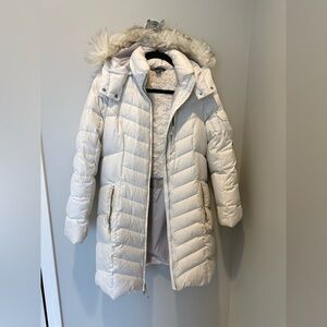 Women's Eddie Bauer Down White Parka/Puffer with Removable Faux Fur Hood
